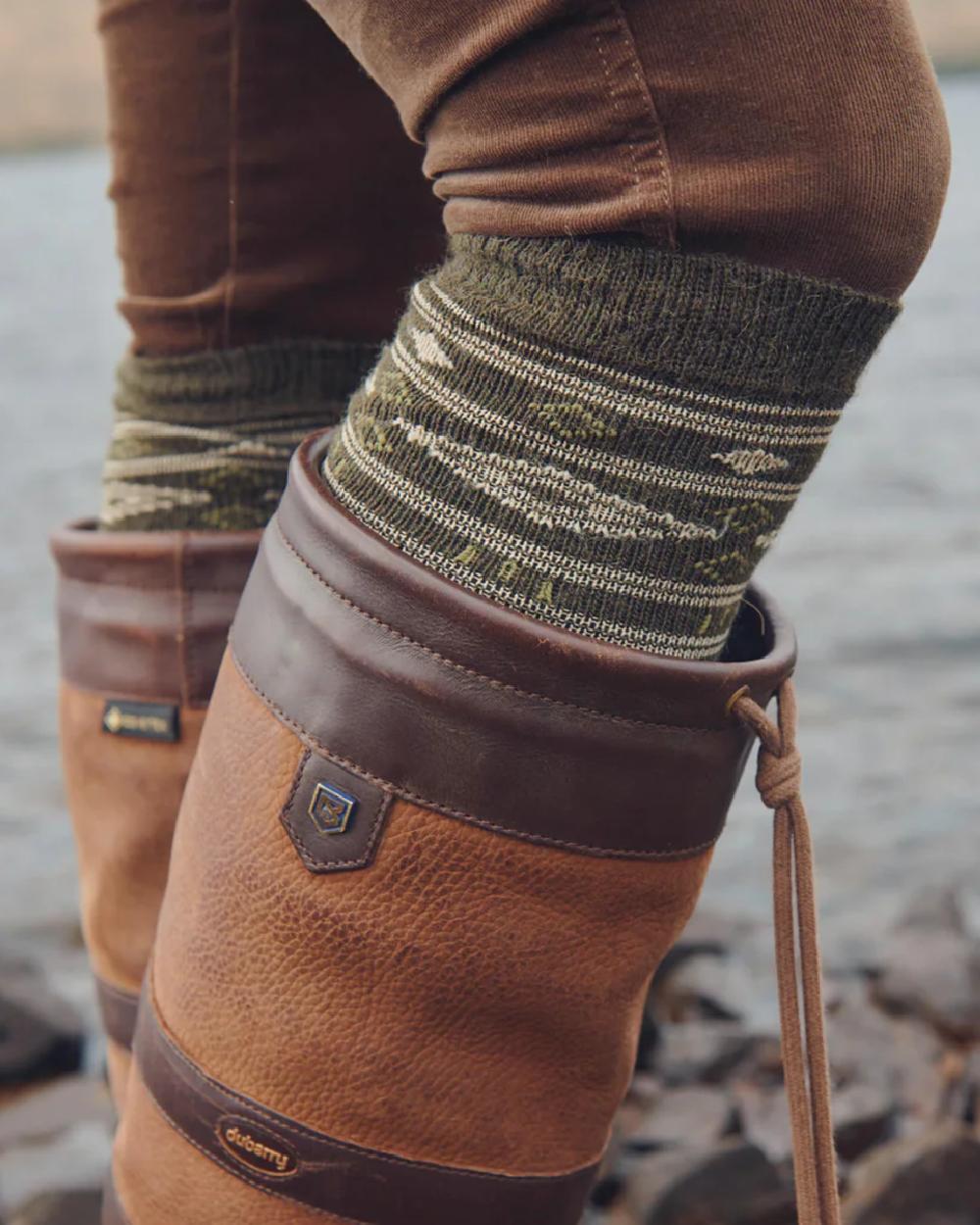 Olive Coloured Dubarry Rolestown Fair Isle Alpaca Socks on outdoor background