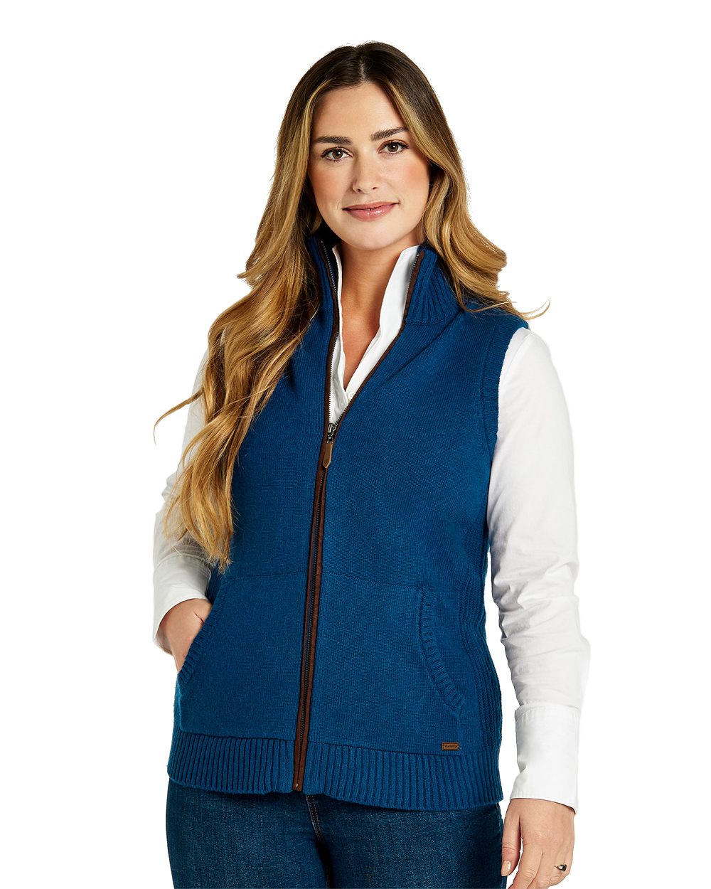 Peacock Blue Coloured Dubarry Sheedy Knit Bodywarmer on white background
