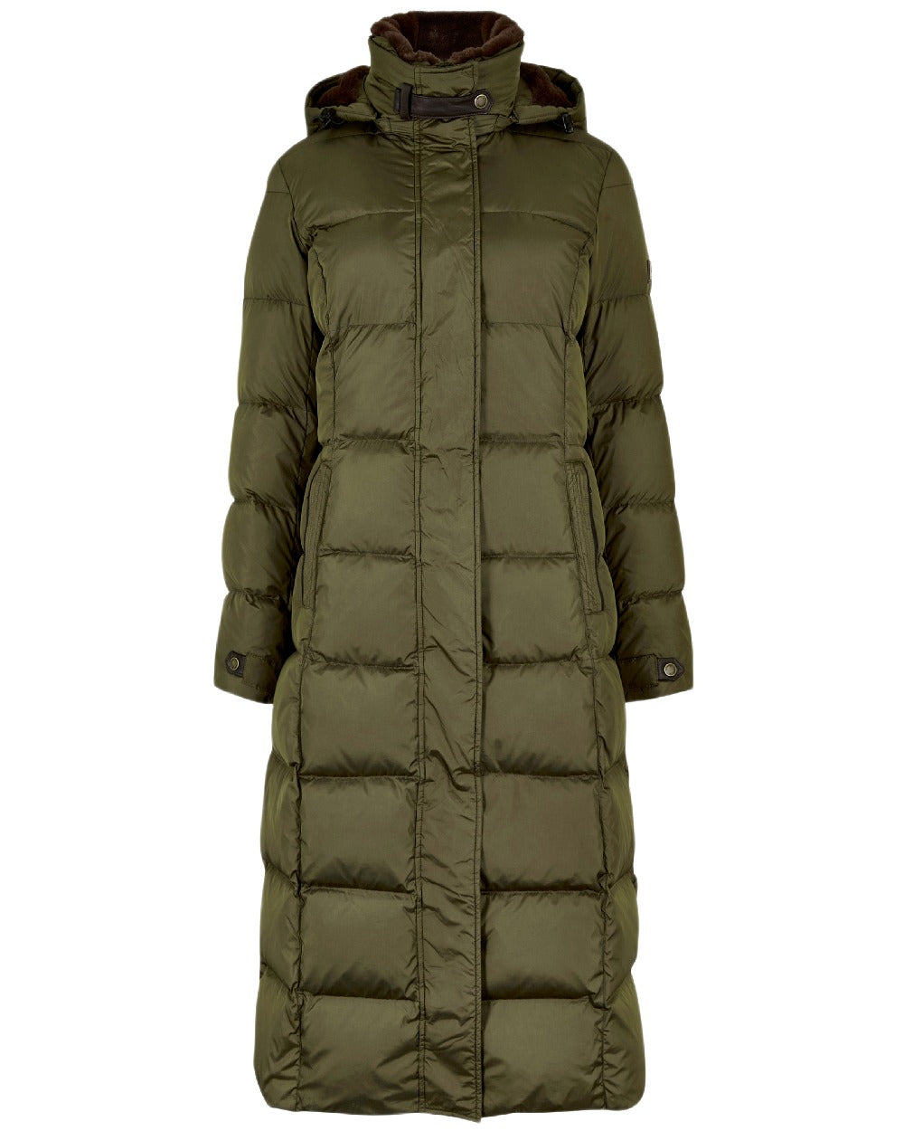 Olive Coloured Dubarry Womens Aldborough Full Length Down Jacket on white background