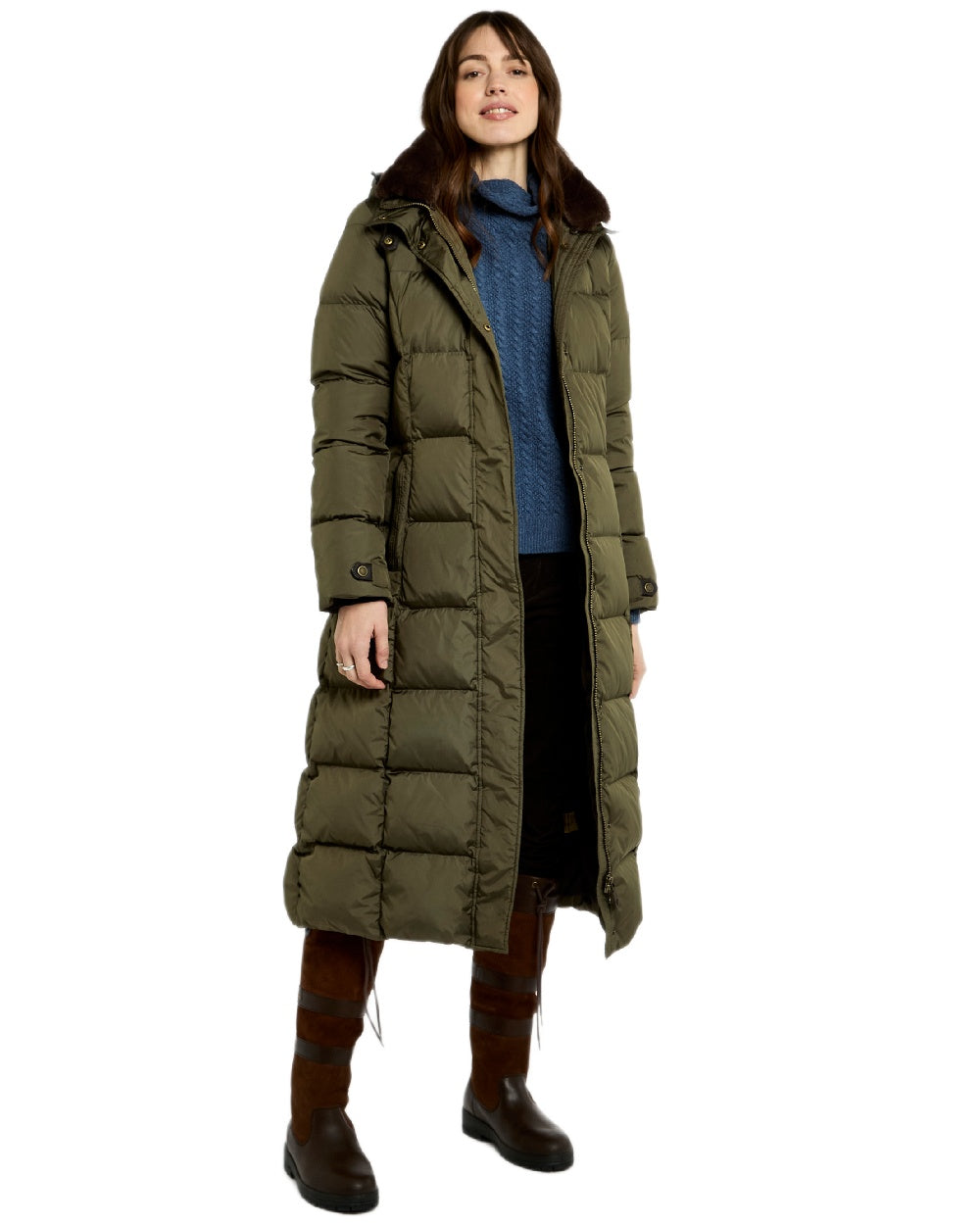 Olive Coloured Dubarry Womens Aldborough Full Length Down Jacket on white background