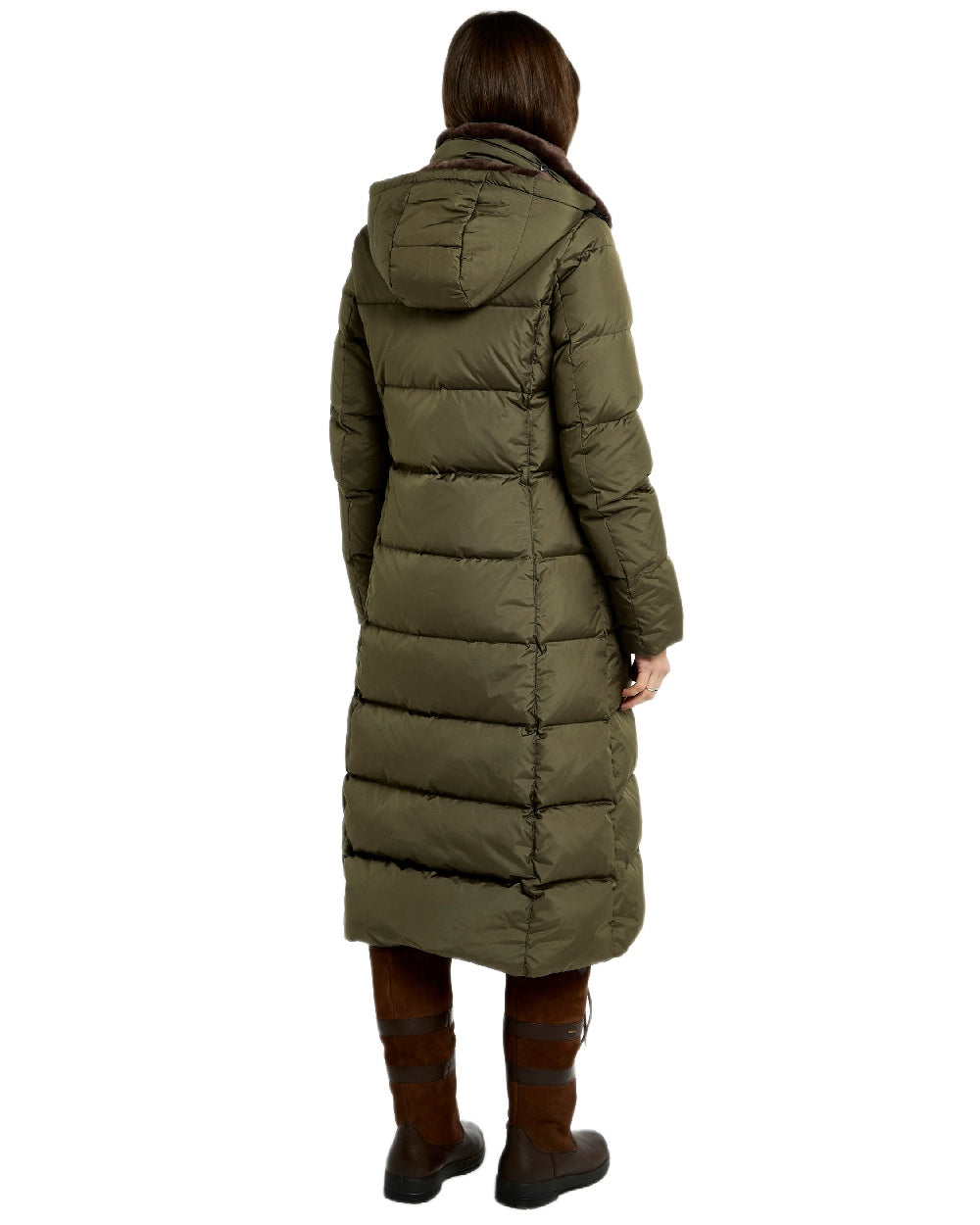 Olive Coloured Dubarry Womens Aldborough Full Length Down Jacket on white background