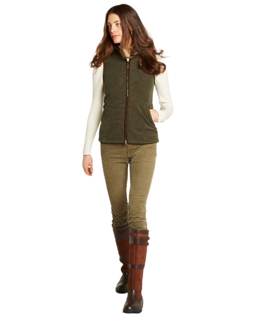 Olive Coloured Dubarry Womens Carbury Fleece Gilet on white background