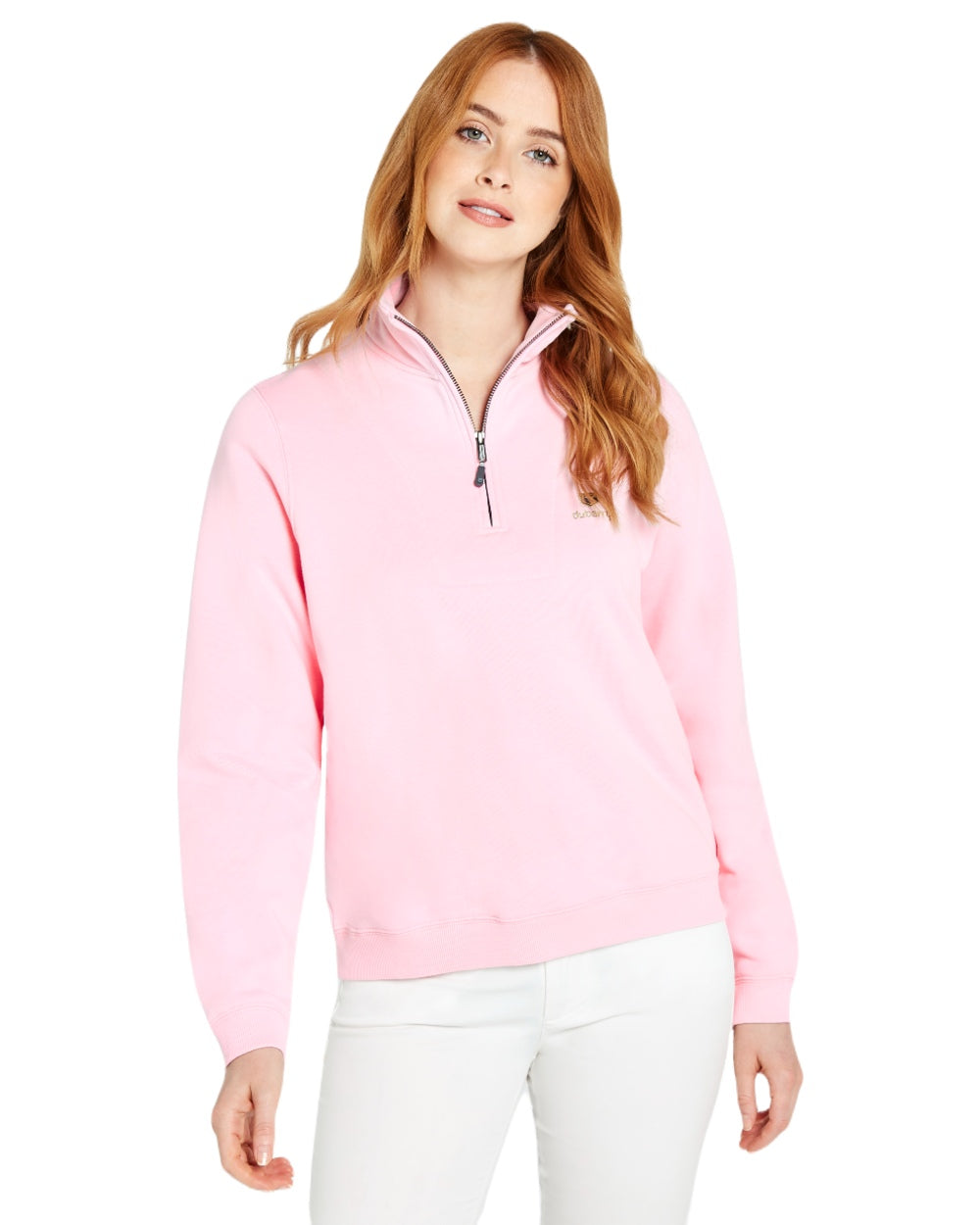 Pink coloured Dubarry Womens Castlemartyr Quarter Zip Sweatshirt on white background