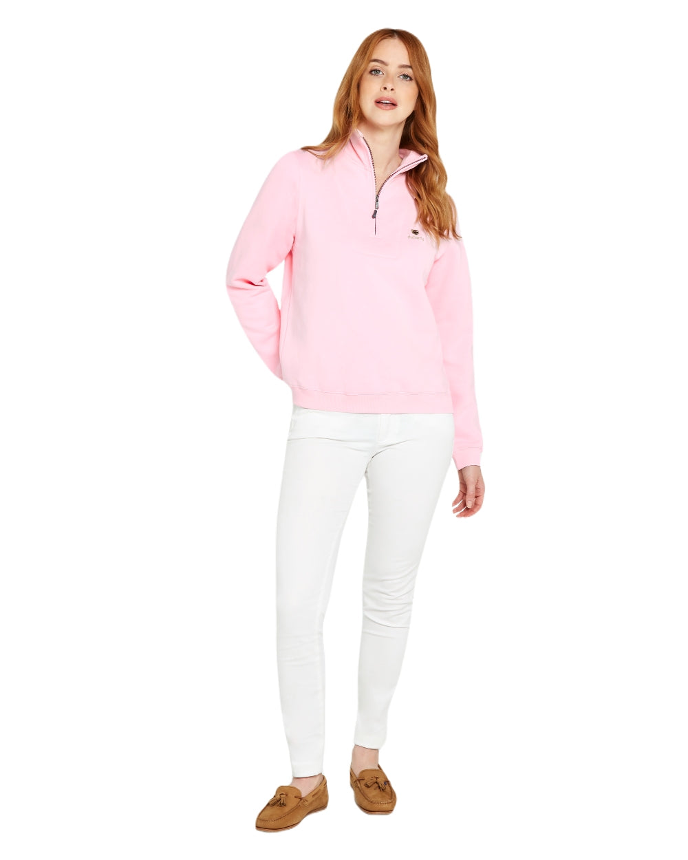 Pink coloured Dubarry Womens Castlemartyr Quarter Zip Sweatshirt on white background
