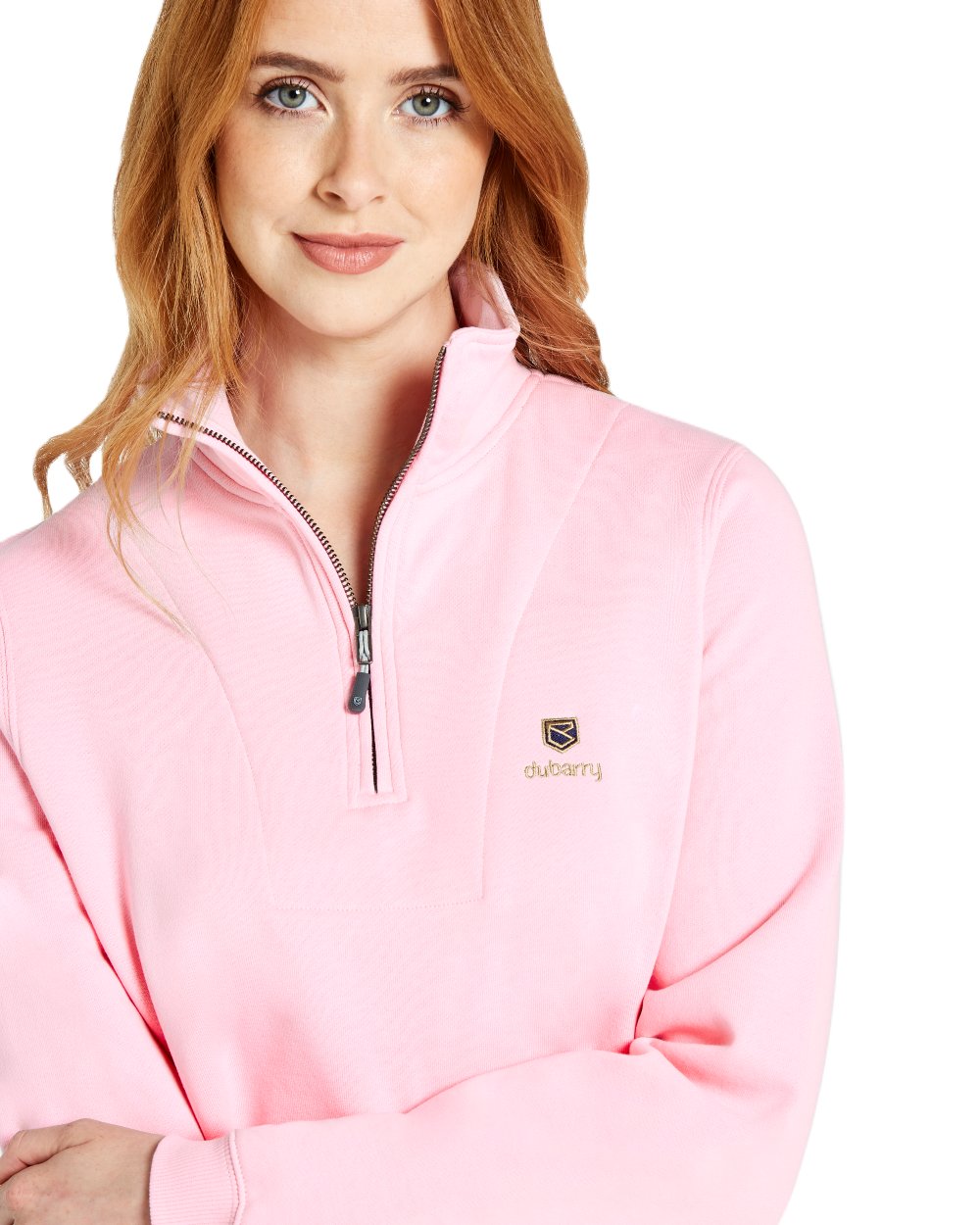 Pink coloured Dubarry Womens Castlemartyr Quarter Zip Sweatshirt on white background
