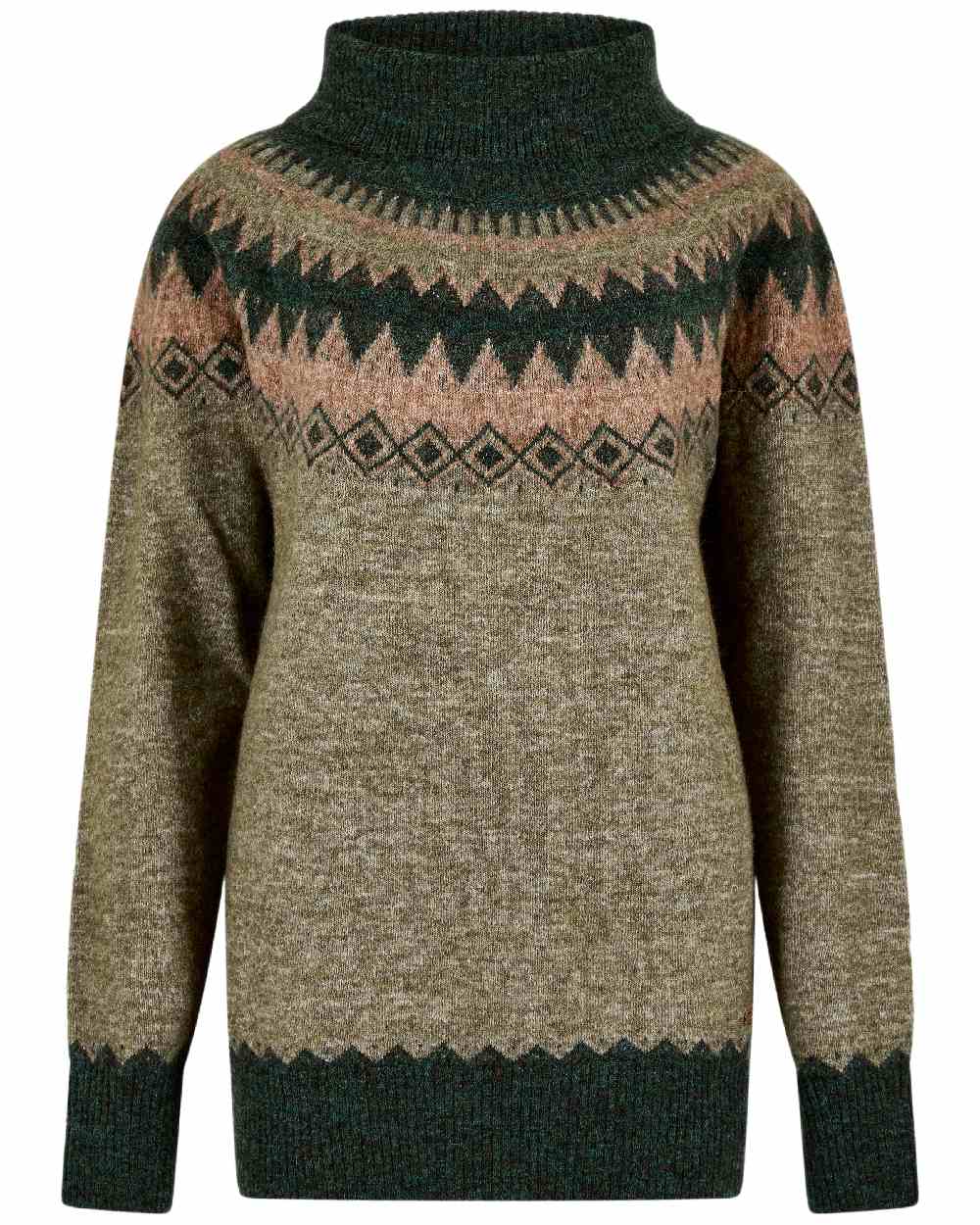 Olive Multi Coloured Dubarry Womens Devlin Fair Isle Pattern Sweater on white background