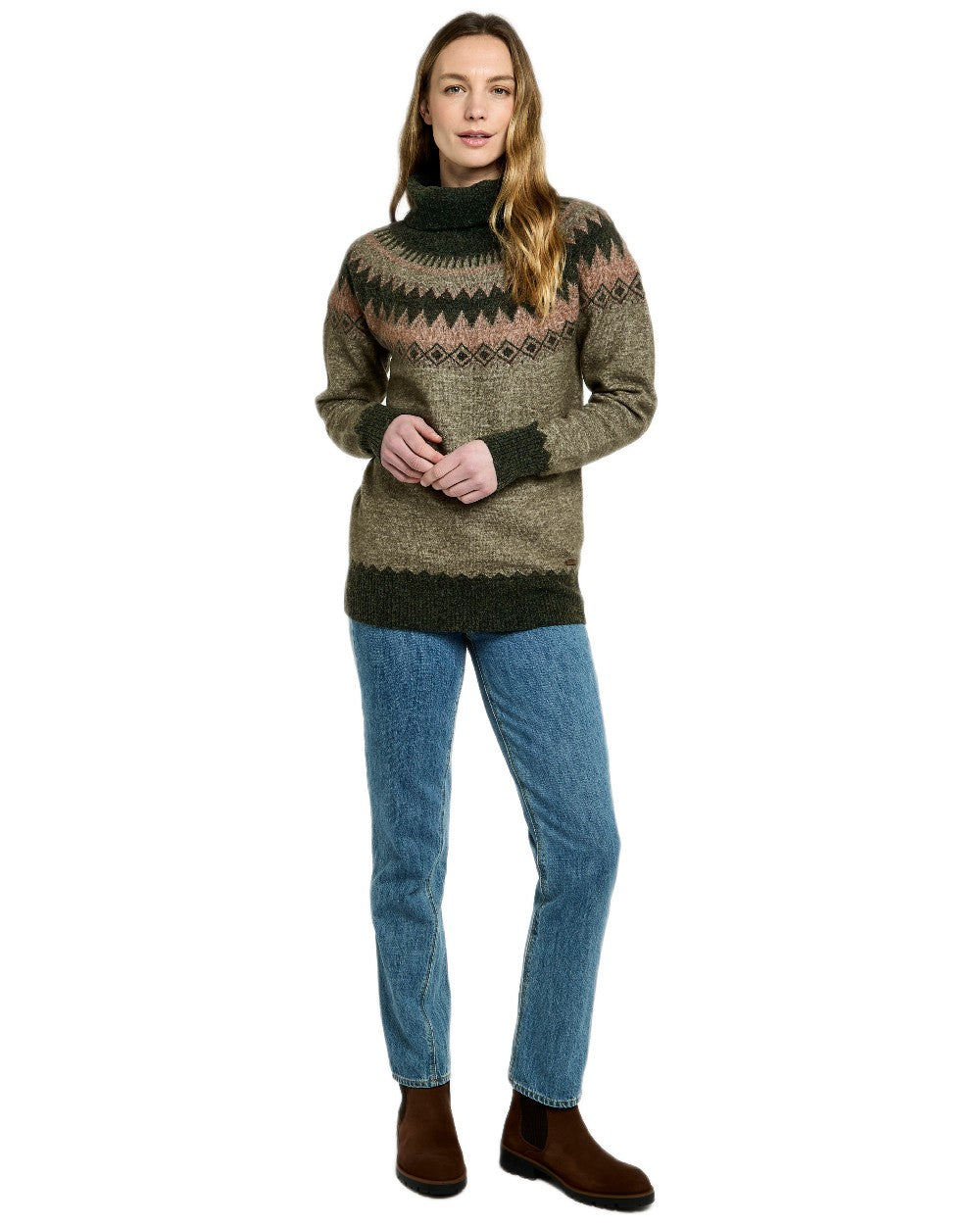Olive Multi Coloured Dubarry Womens Devlin Fair Isle Pattern Sweater on white background