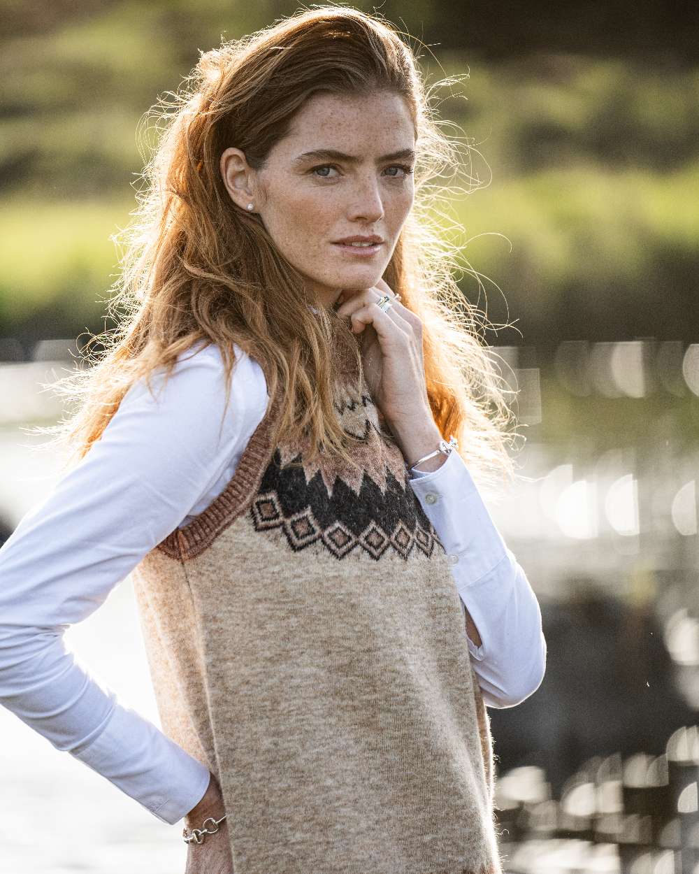 Oat Multi Coloured Dubarry Womens Doyle Fair Isle Pattern Vest on outdoor background