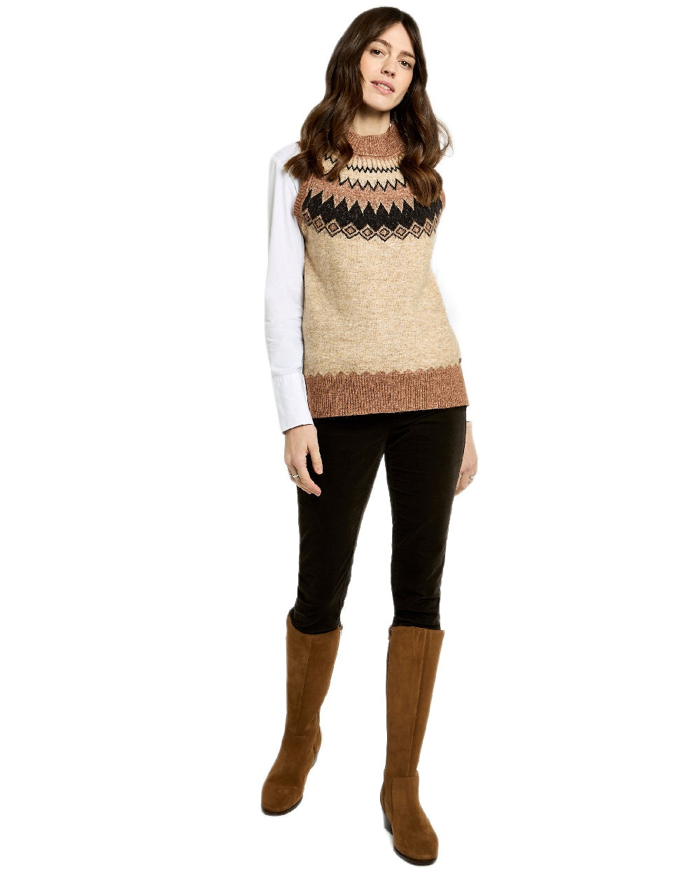 Oat Multi Coloured Dubarry Womens Doyle Fair Isle Pattern Vest on white background