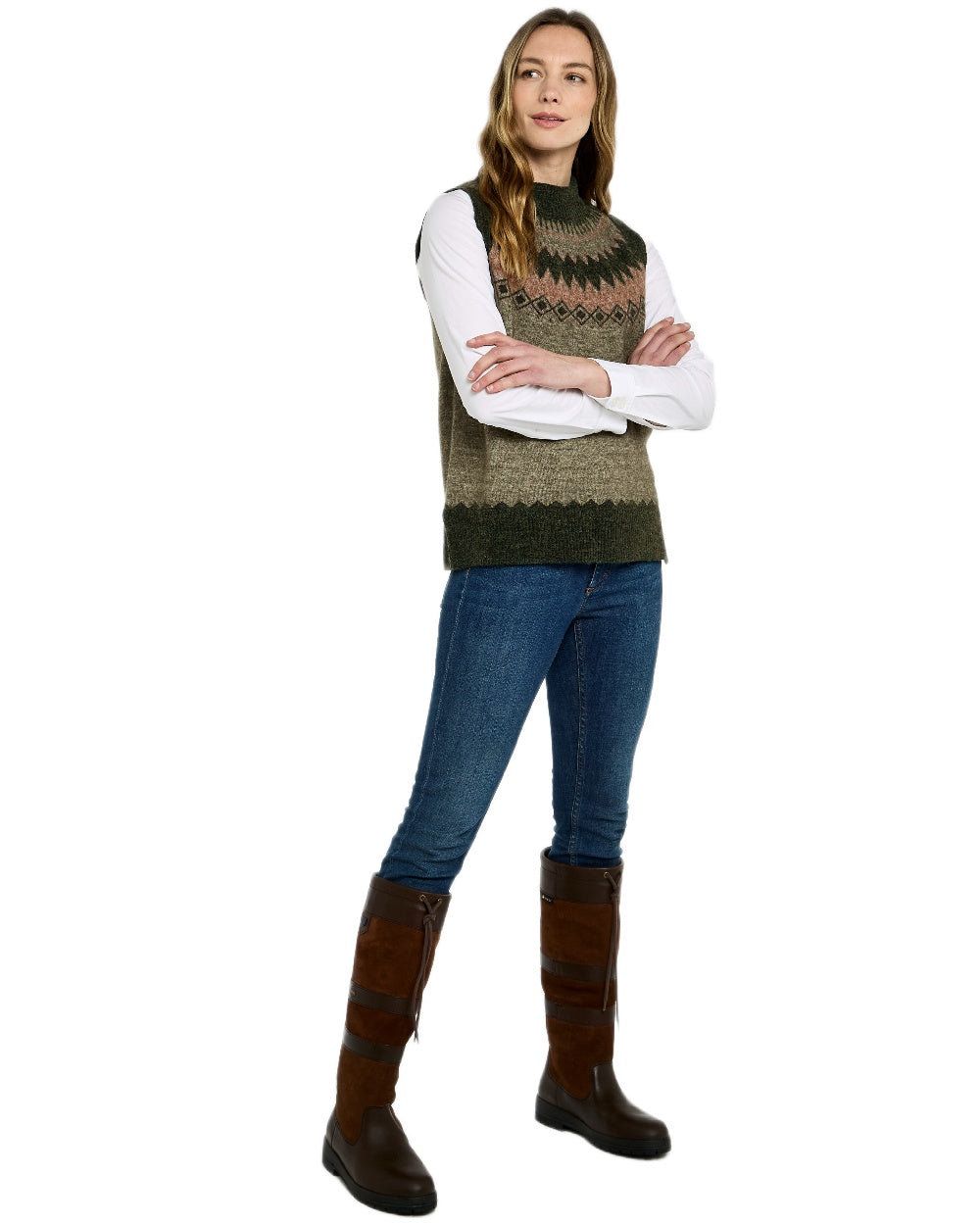 Olive Multi Coloured Dubarry Womens Doyle Fair Isle Pattern Vest on white background