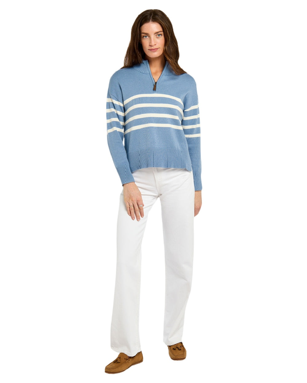 Dusty Blue coloured Dubarry Womens Fonthill Zip Neck Sweater on white background