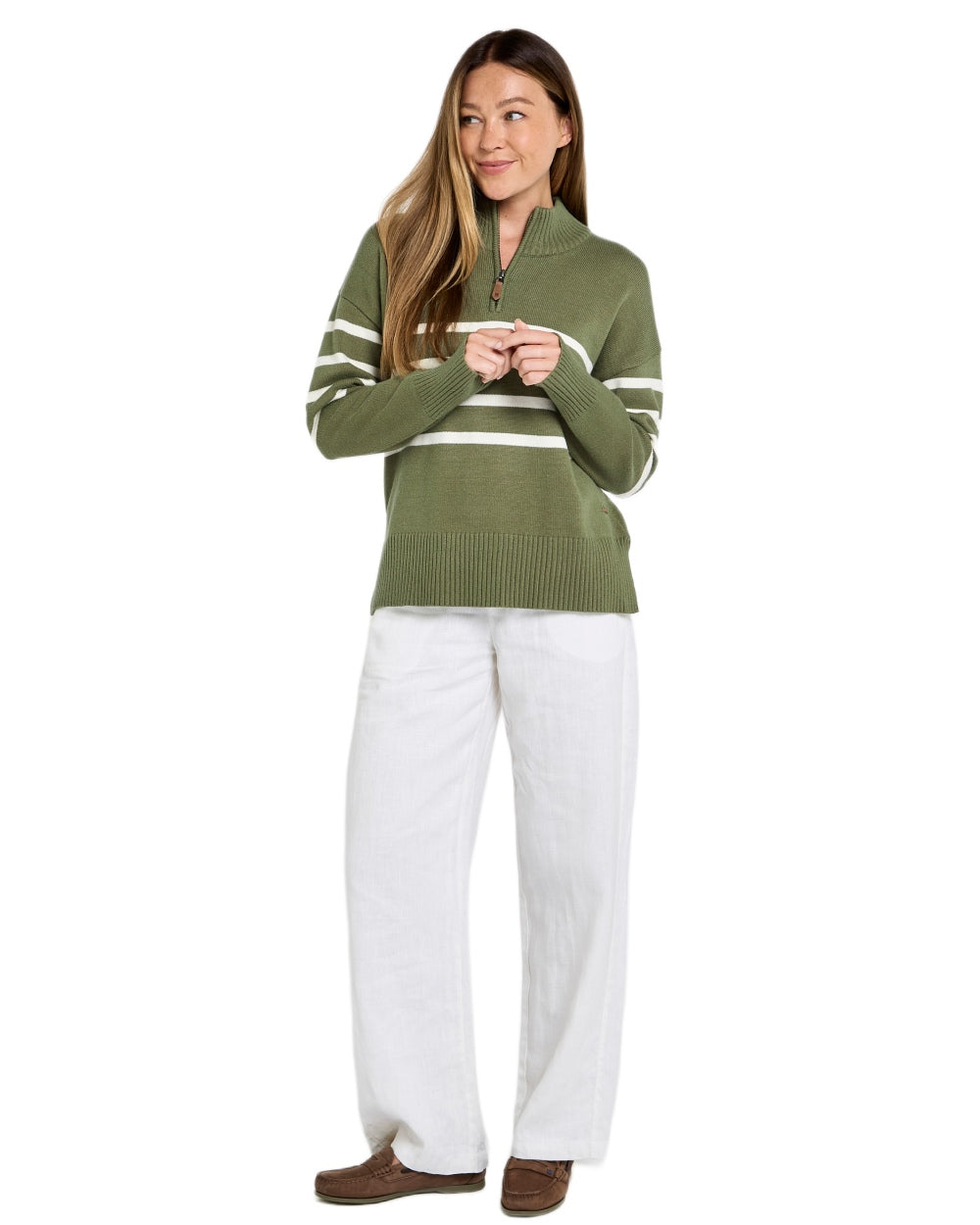 Kelp coloured Dubarry Womens Fonthill Zip Neck Sweater on white background