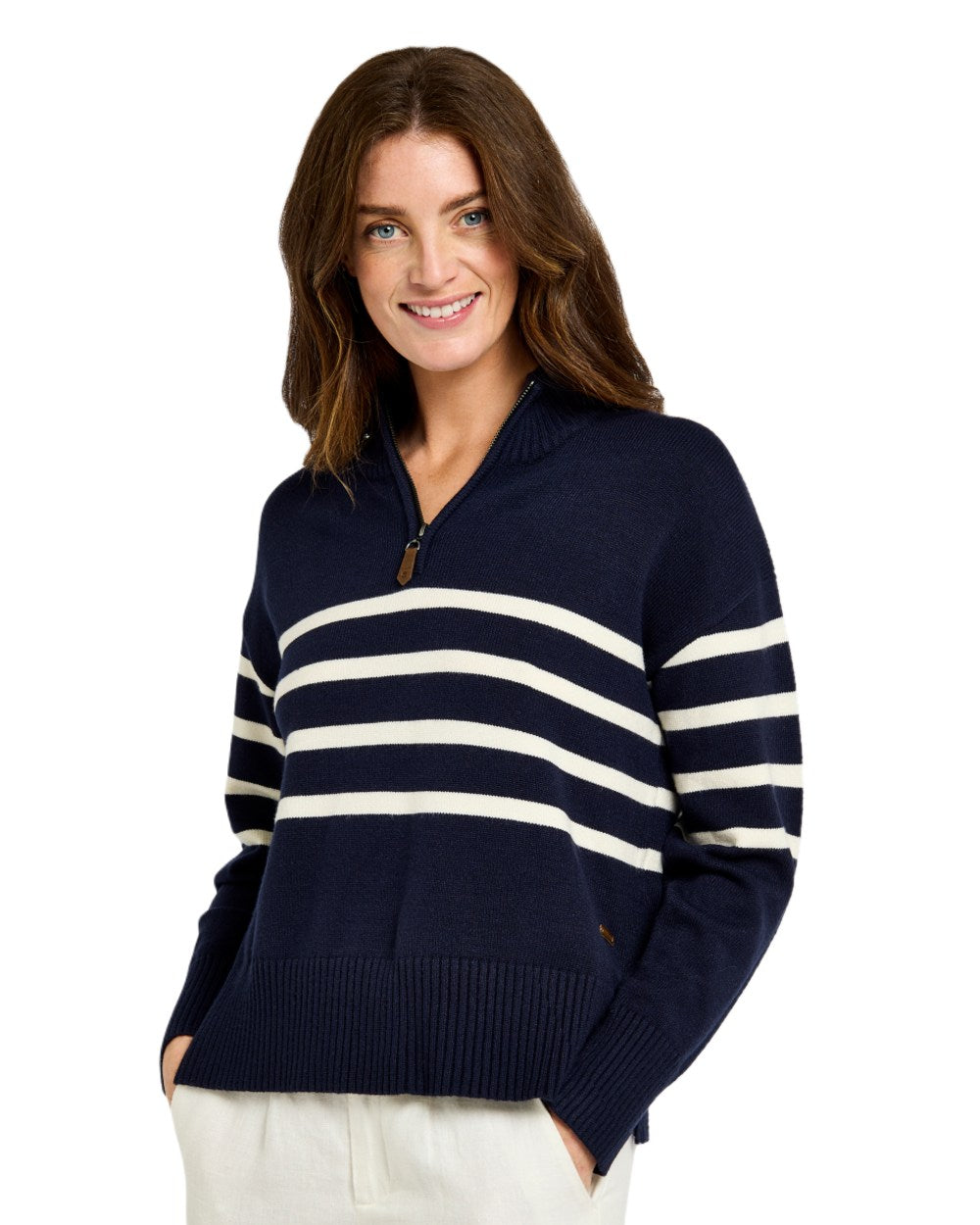 Navy coloured Dubarry Womens Fonthill Zip Neck Sweater on white background