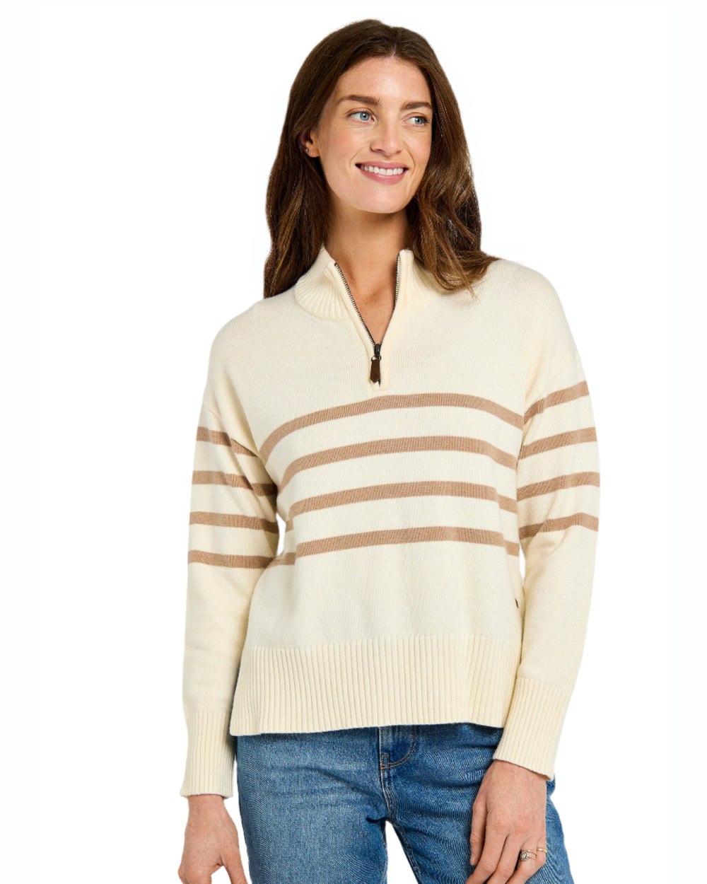 Oyster coloured Dubarry Womens Fonthill Zip Neck Sweater on white background