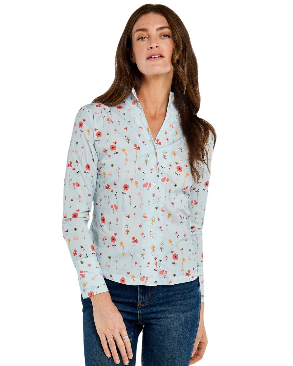 Pale Blue coloured Dubarry Womens Fuchsia Printed Long Sleeve Shirt on white background