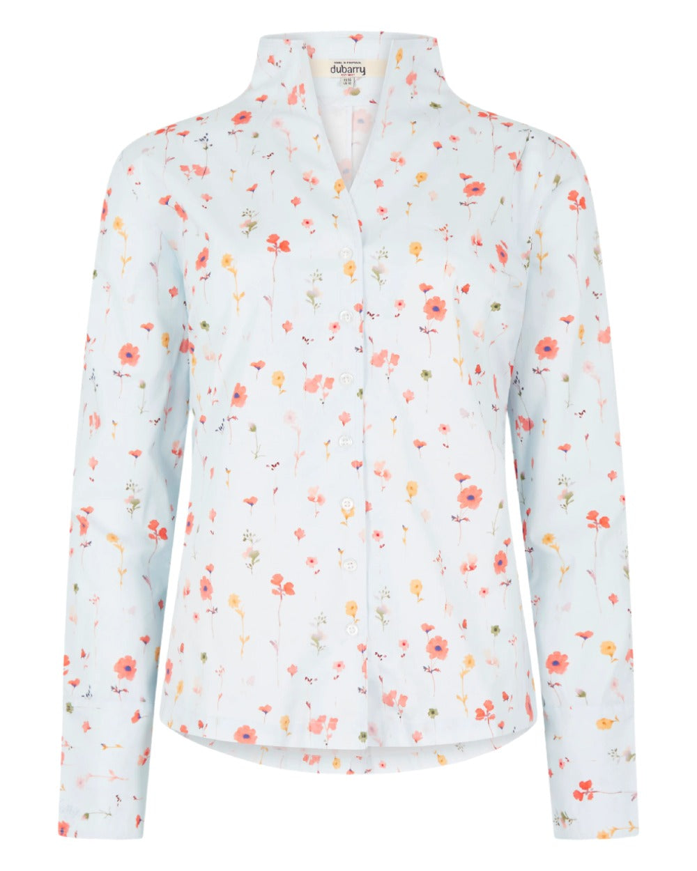 Pale Blue coloured Dubarry Womens Fuchsia Printed Long Sleeve Shirt on white background