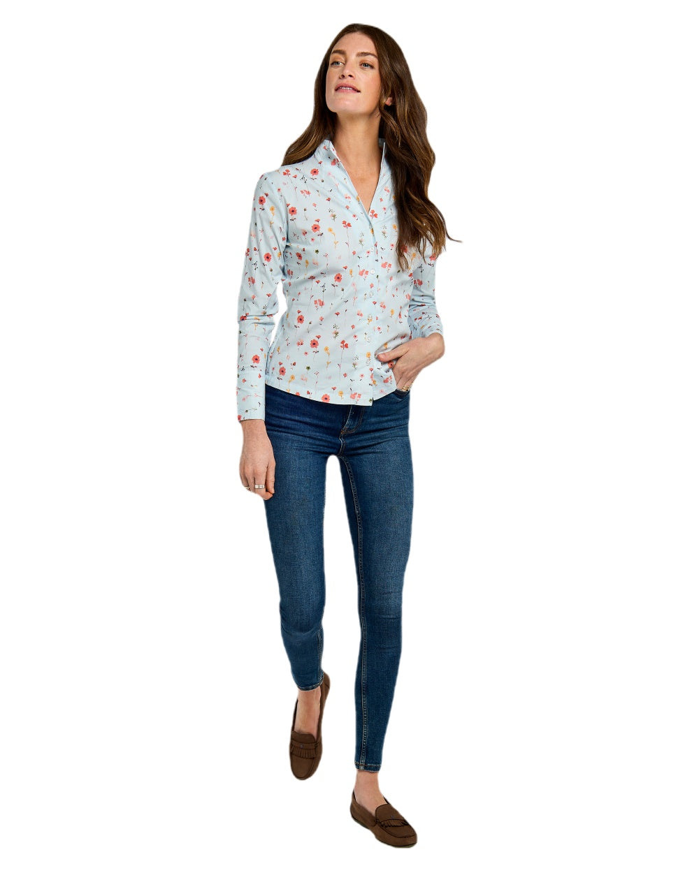 Pale Blue coloured Dubarry Womens Fuchsia Printed Long Sleeve Shirt on white background