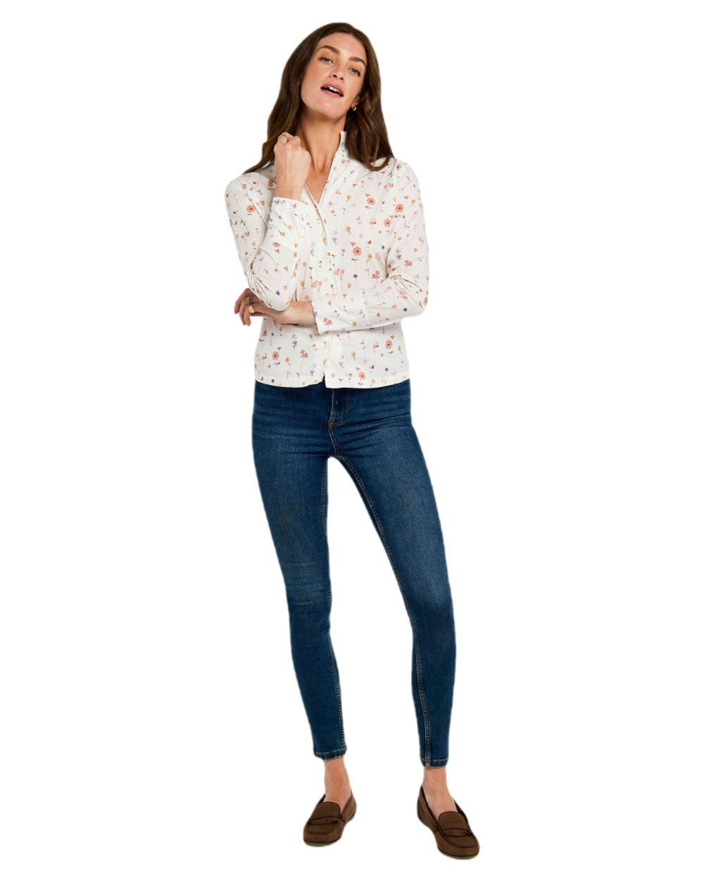 White coloured Dubarry Womens Fuchsia Printed Long Sleeve Shirt on white background