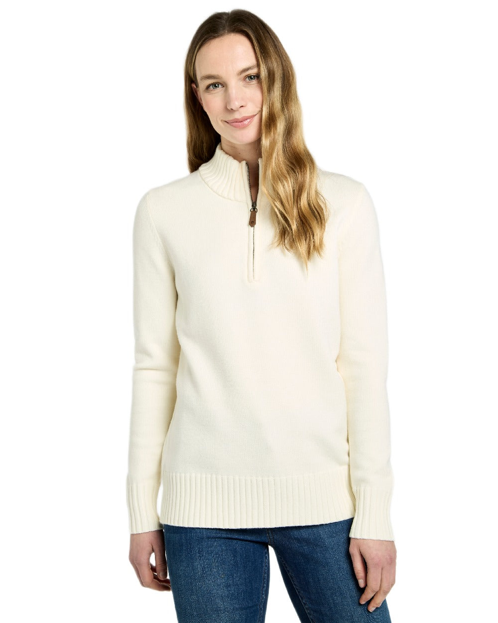Chalk Coloured Dubarry Womens Markham Zip Neck Sweater on white background