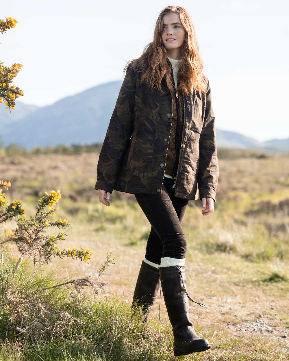 Brown Camo Coloured Dubarry Womens Mountrath LTD Limited Edition Waxed Cotton Jacket on outdoor background