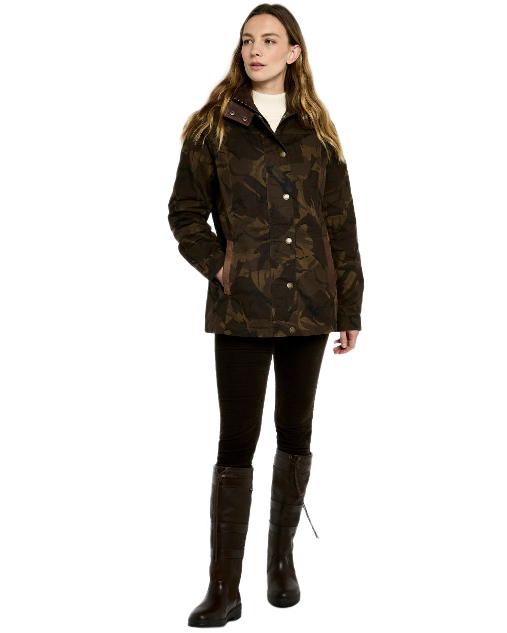 Brown Camo Coloured Dubarry Womens Mountrath LTD Limited Edition Waxed Cotton Jacket on white background