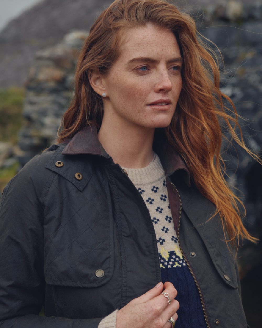 Verdigris Coloured Dubarry Womens Radford Wax Jacket on blurry background