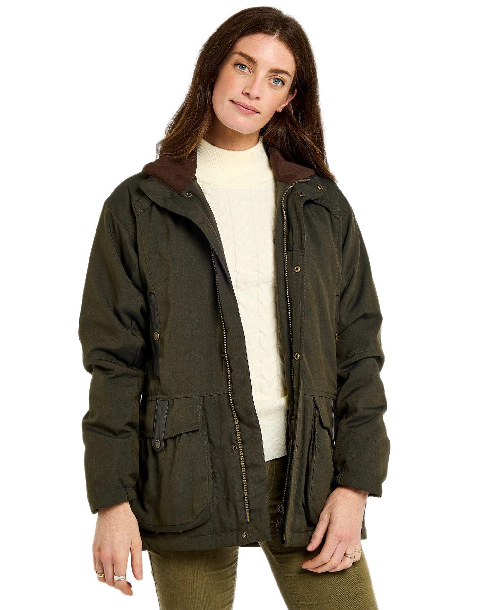 Olive Coloured Dubarry Womens Sherwood Jacket on white background