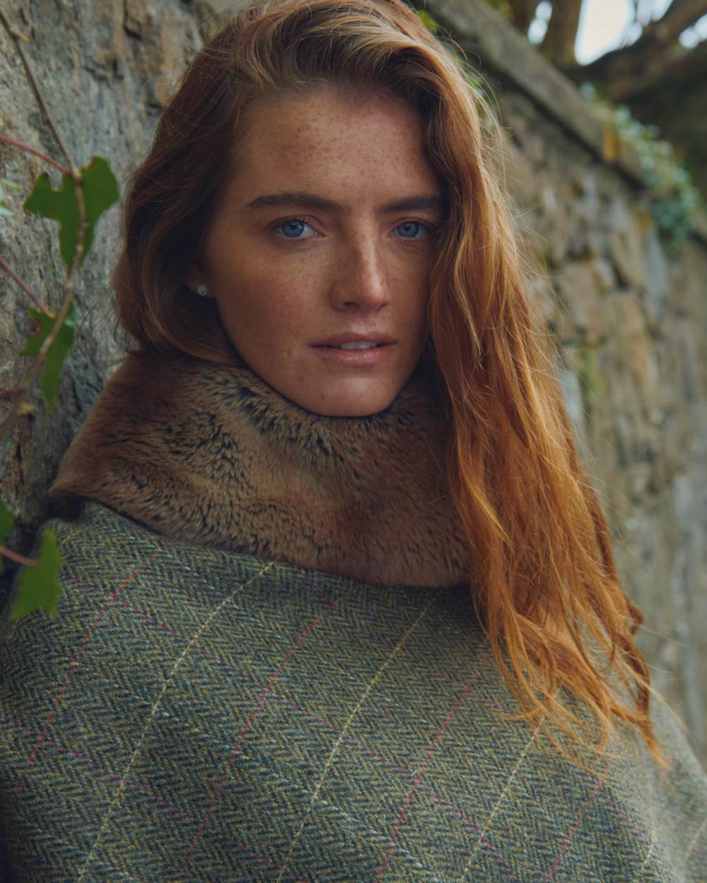 Thistle Coloured Dubarry Womens Silverfir Tweed Poncho on wall background