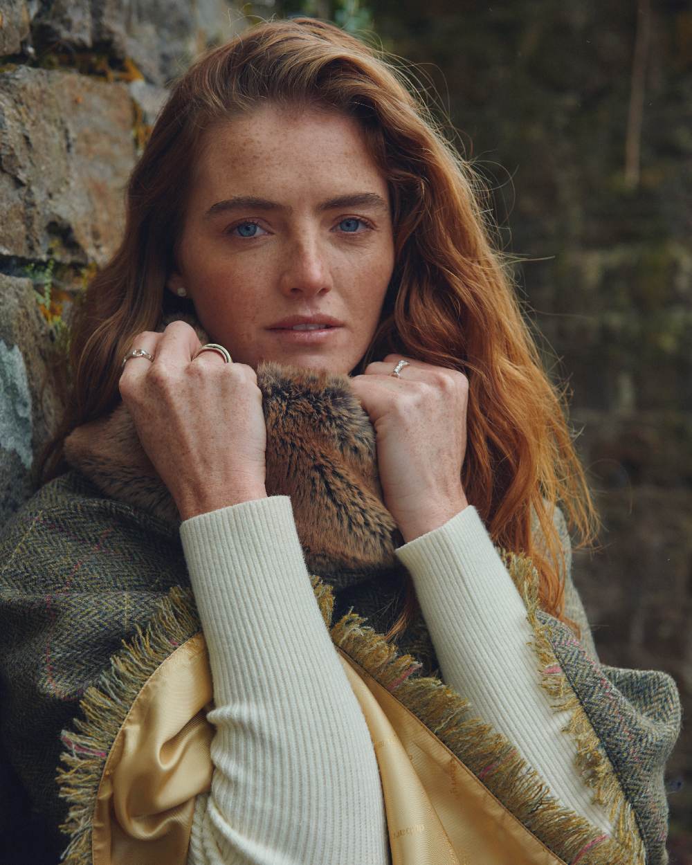 Thistle Coloured Dubarry Womens Silverfir Tweed Poncho on wall background