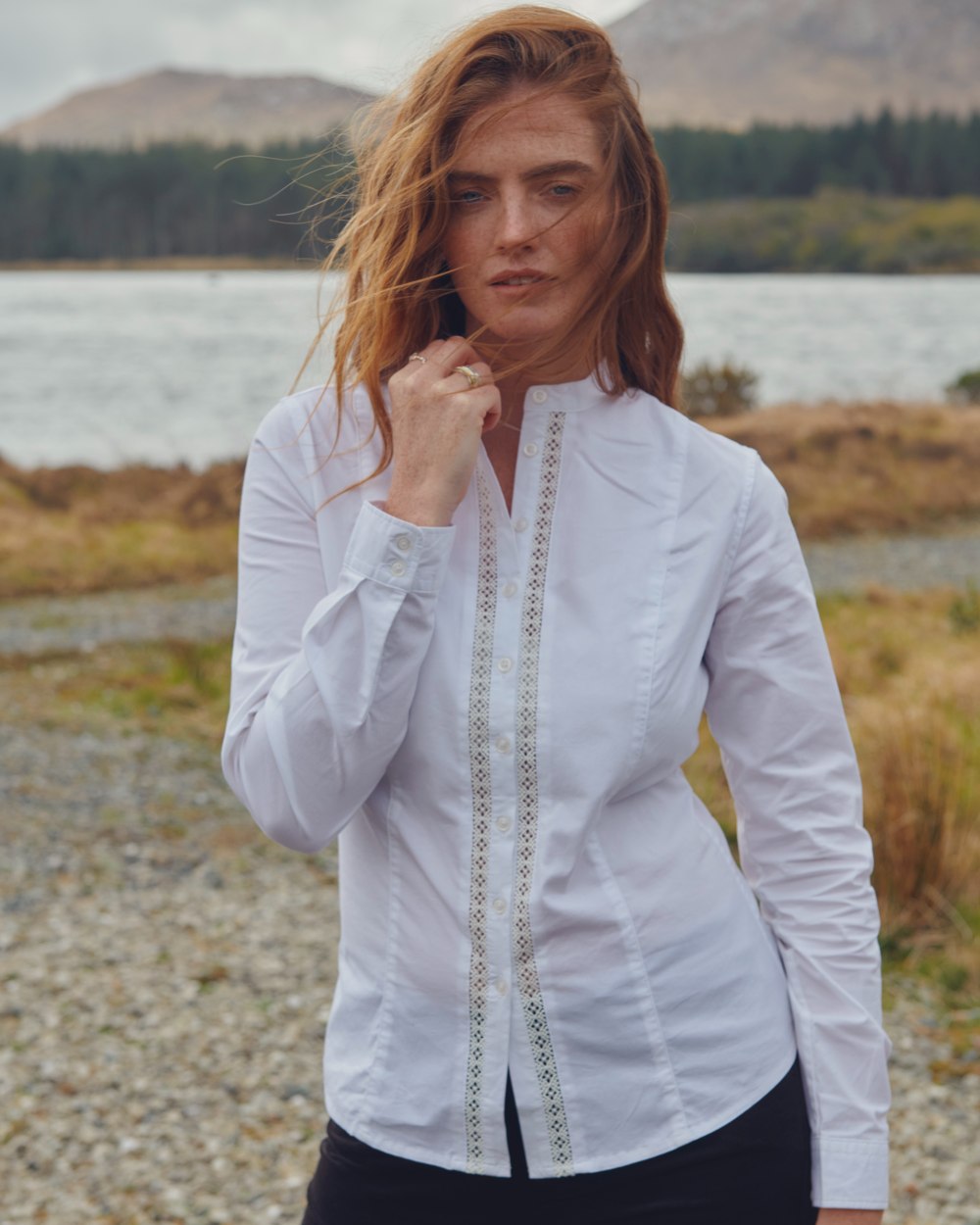 White Coloured Dubarry Womens Waterlily Mandarin Collar Shirt on lake background