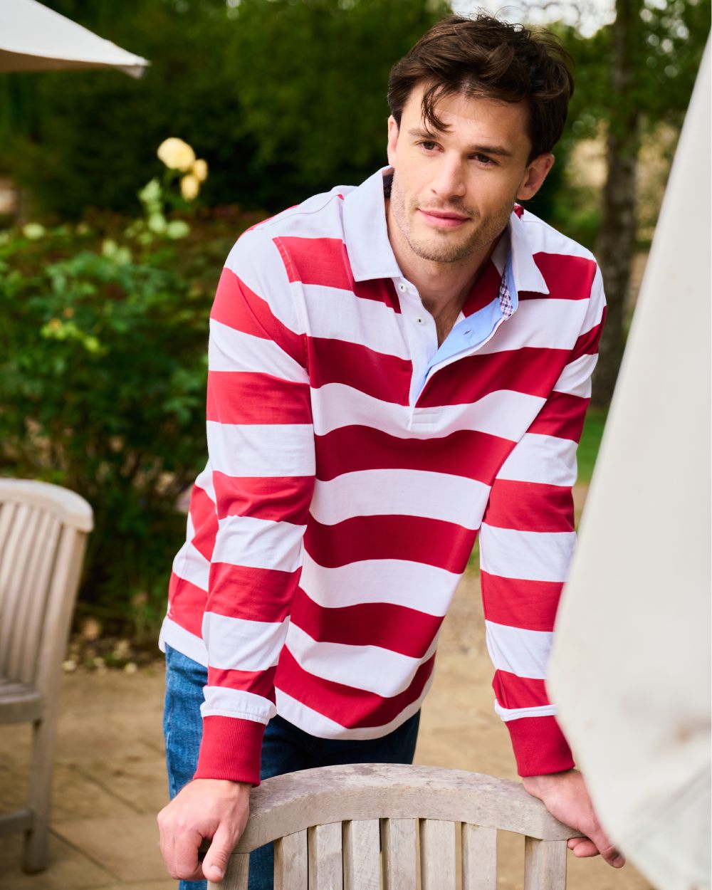 Red Multi coloured Dubarry Mens Goresbridge Rugby Top on park background