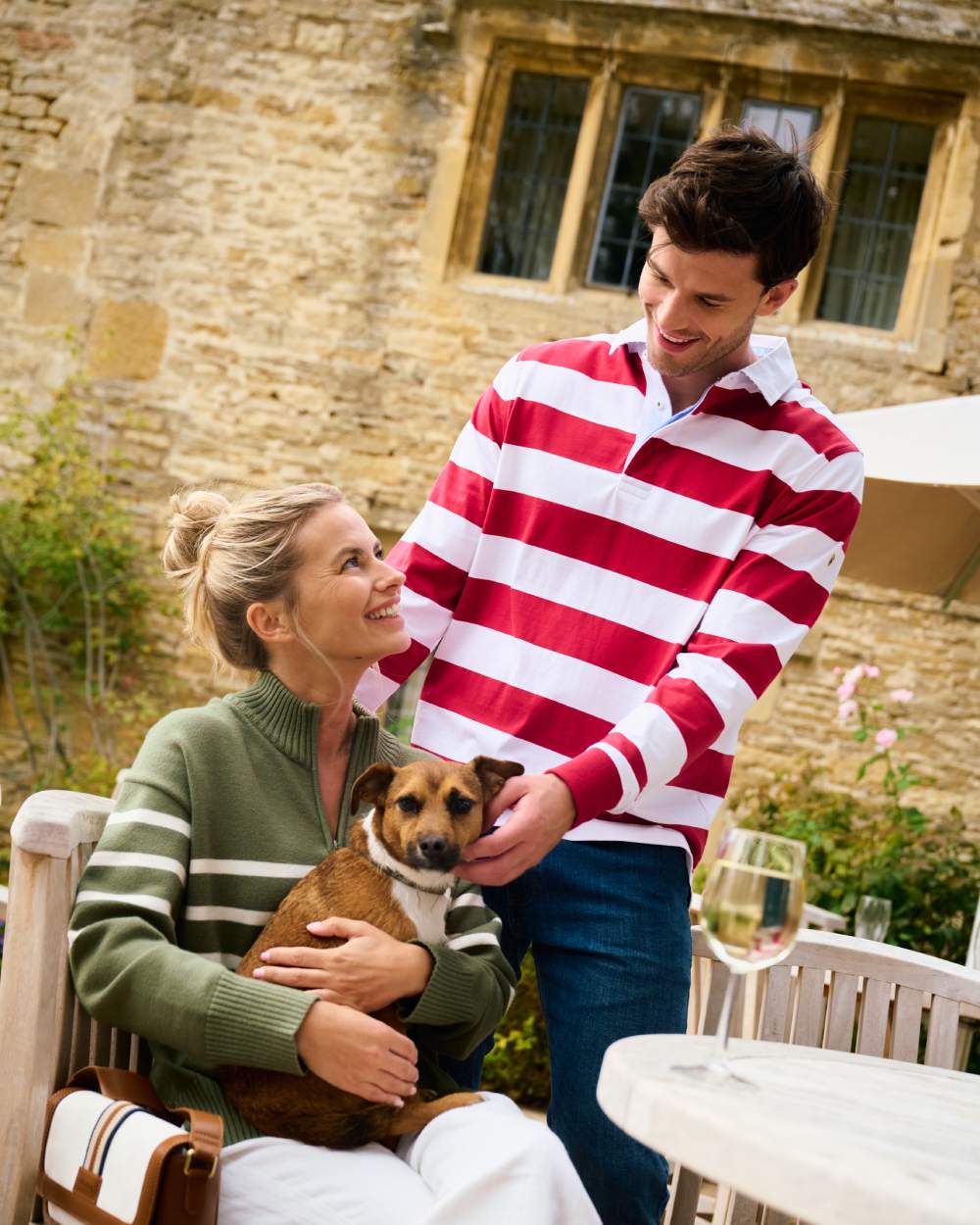 Red Multi coloured Dubarry Mens Goresbridge Rugby Top on restuarant background