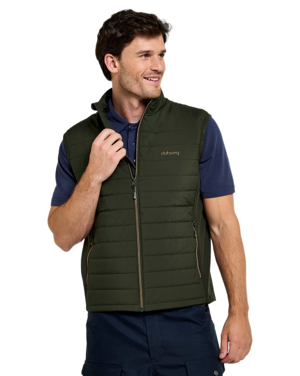 Olive coloured Dubarry Mens Solent Lightweight Hybrid Gilet on white background