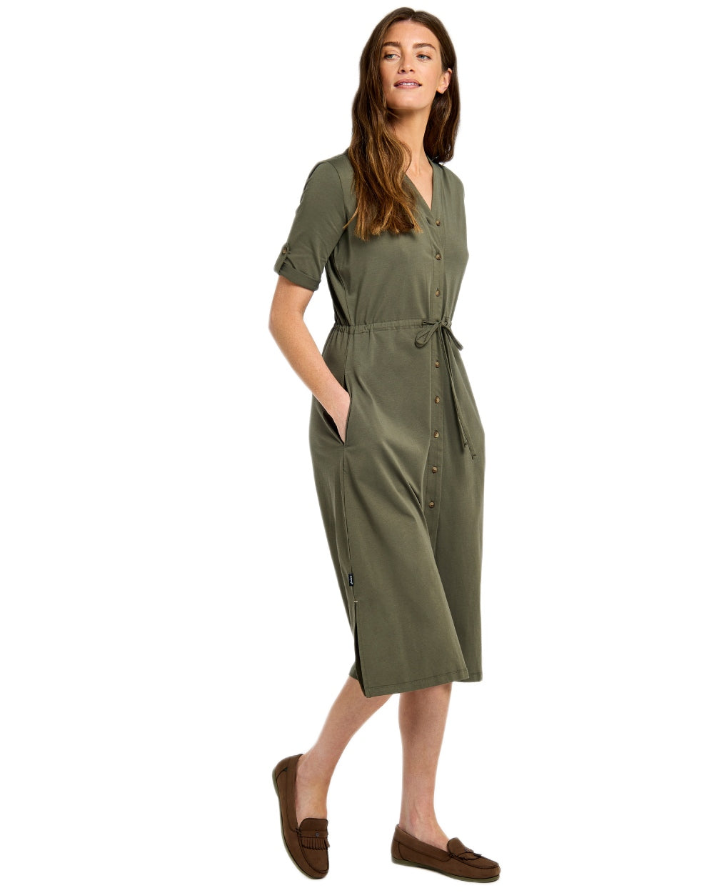 Kelp coloured Dubarry Womens Hanlon Midi Length Shirt Dress on white background