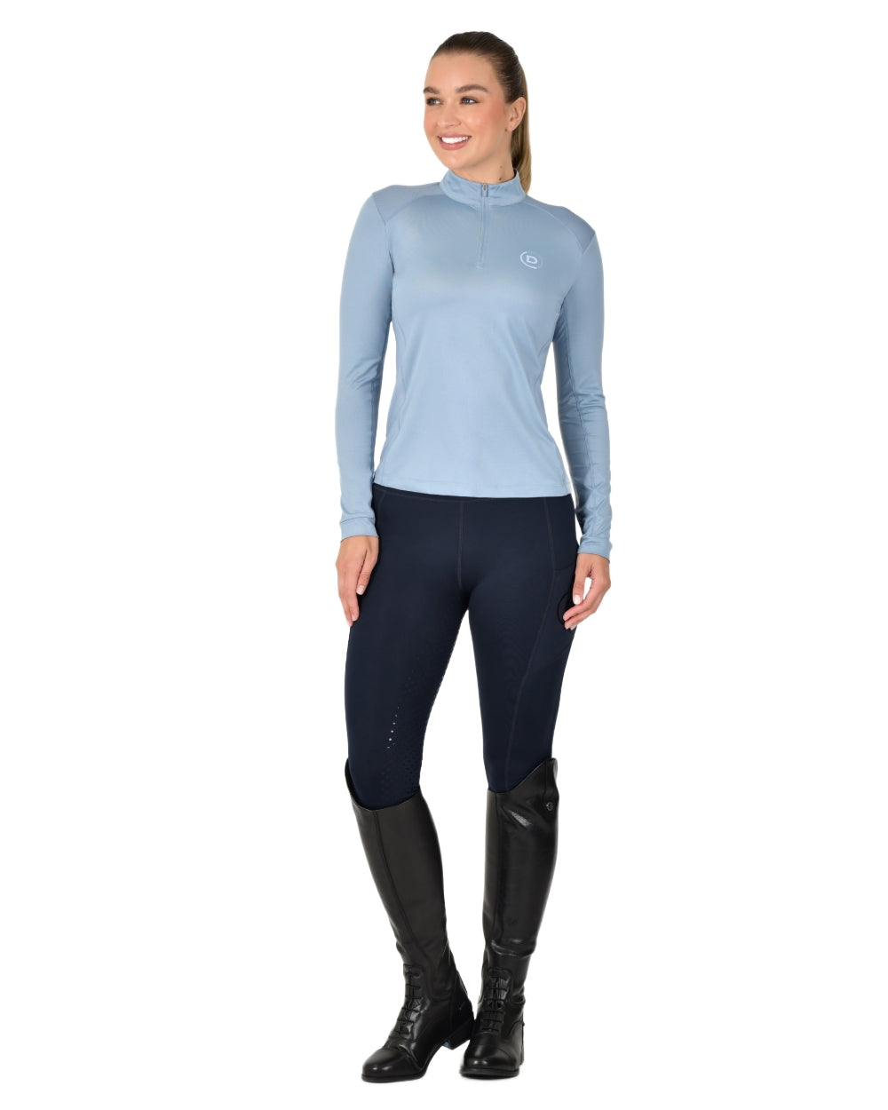Blue Fog coloured Dublin Breathable Long Sleeve Riding Top on white background