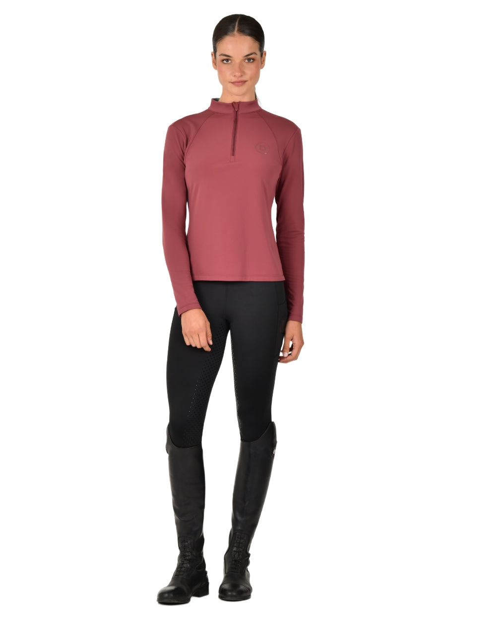 Cabernet coloured Dublin Womens Brushed Long Sleeve Riding Top on white background