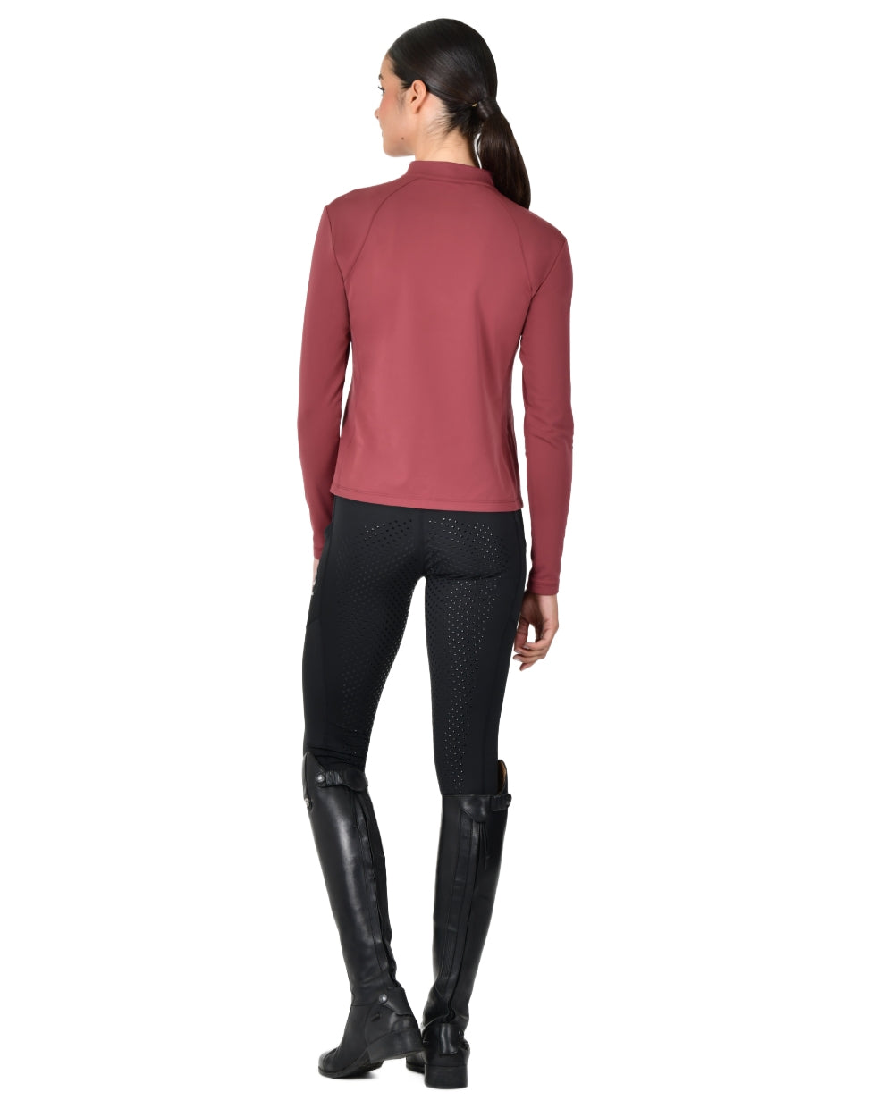 Cabernet coloured Dublin Womens Brushed Long Sleeve Riding Top on white background