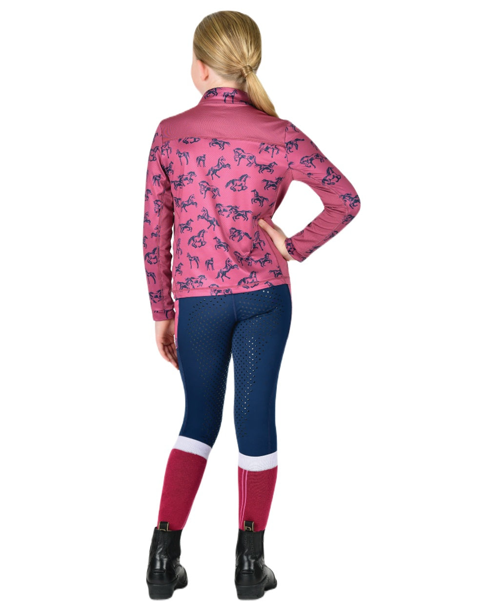 Red Violet Frolicking Horses coloured Dublin Childrens Autumn Sally Long Sleeve Riding Top on white background