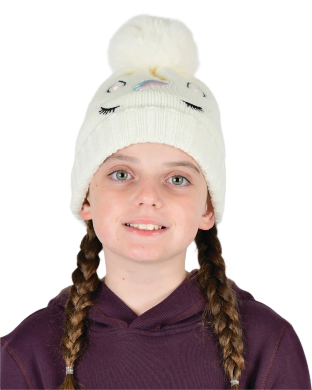 White coloured Dublin Childrens Embroidered Unicorn Beanie on white background