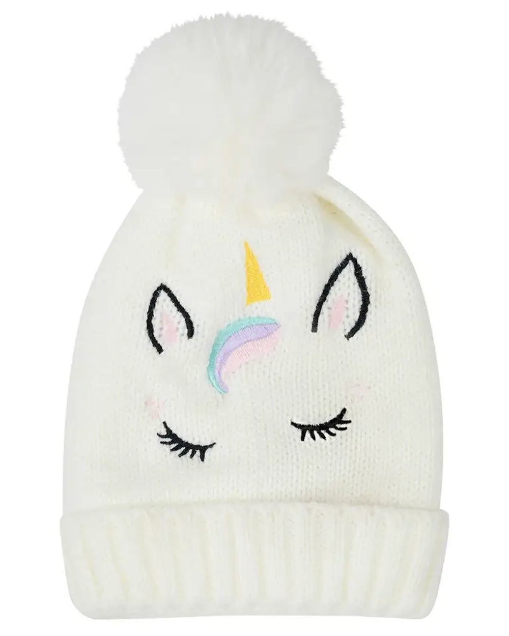 White coloured Dublin Childrens Embroidered Unicorn Beanie on white background