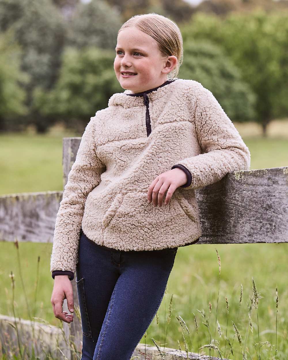 Natural Plum Perfect Trim coloured Dublin Childrens Talia Teddy Pullover on barn background