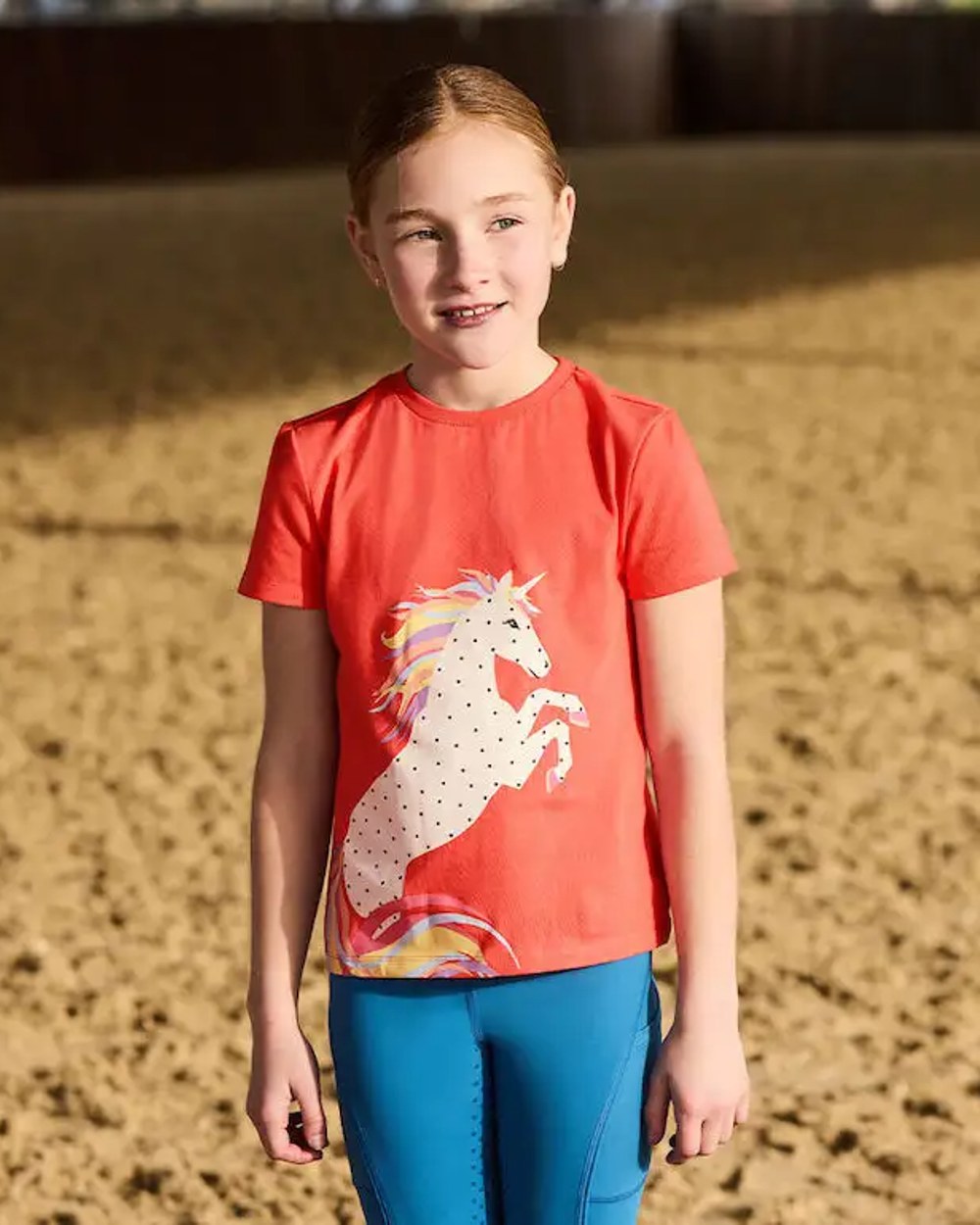 Coral Rainbow Horse coloured Dublin Childrens Tilly Tee on brown background