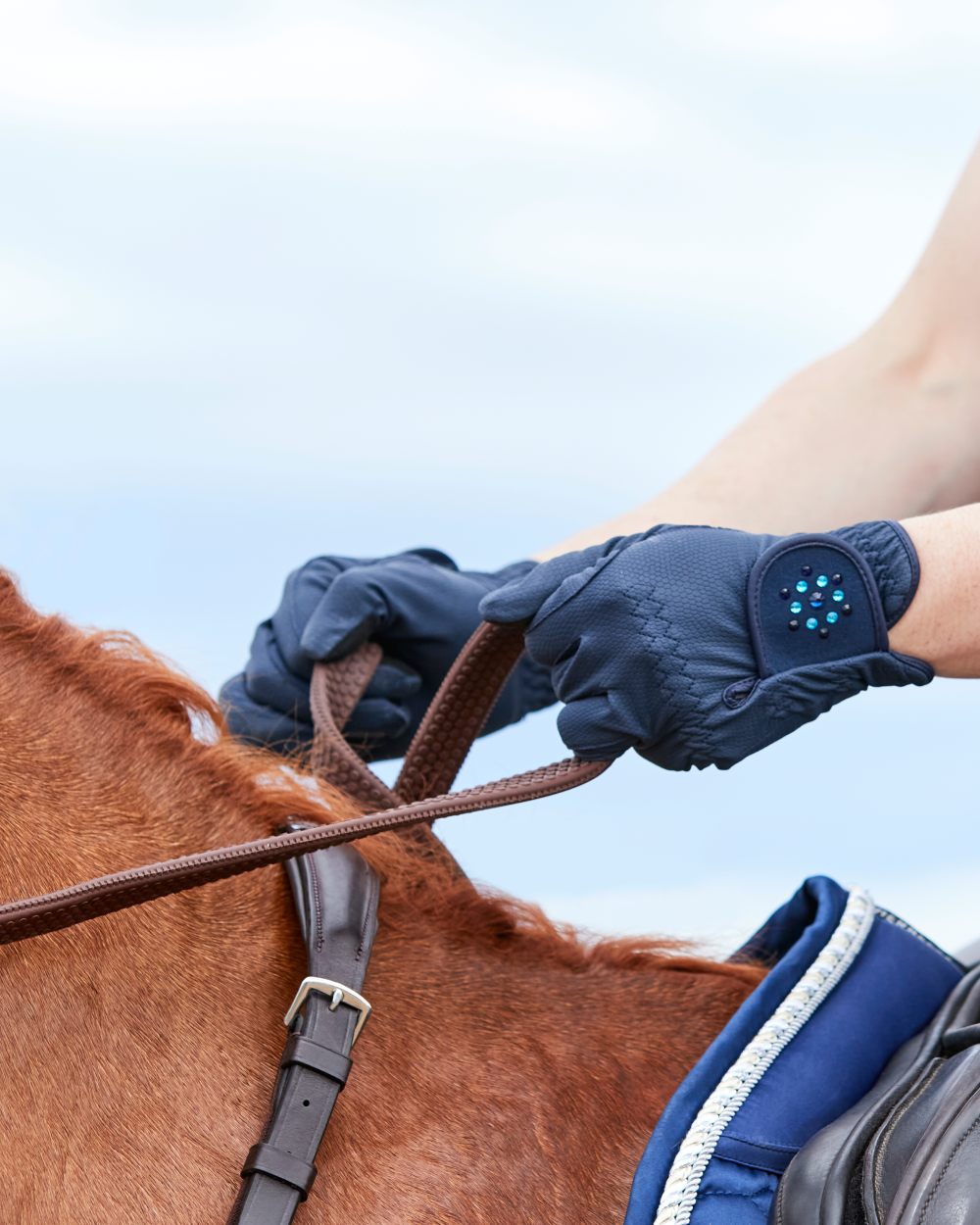 Navy Coloured Dublin Everyday Bling Riding Gloves on horse background