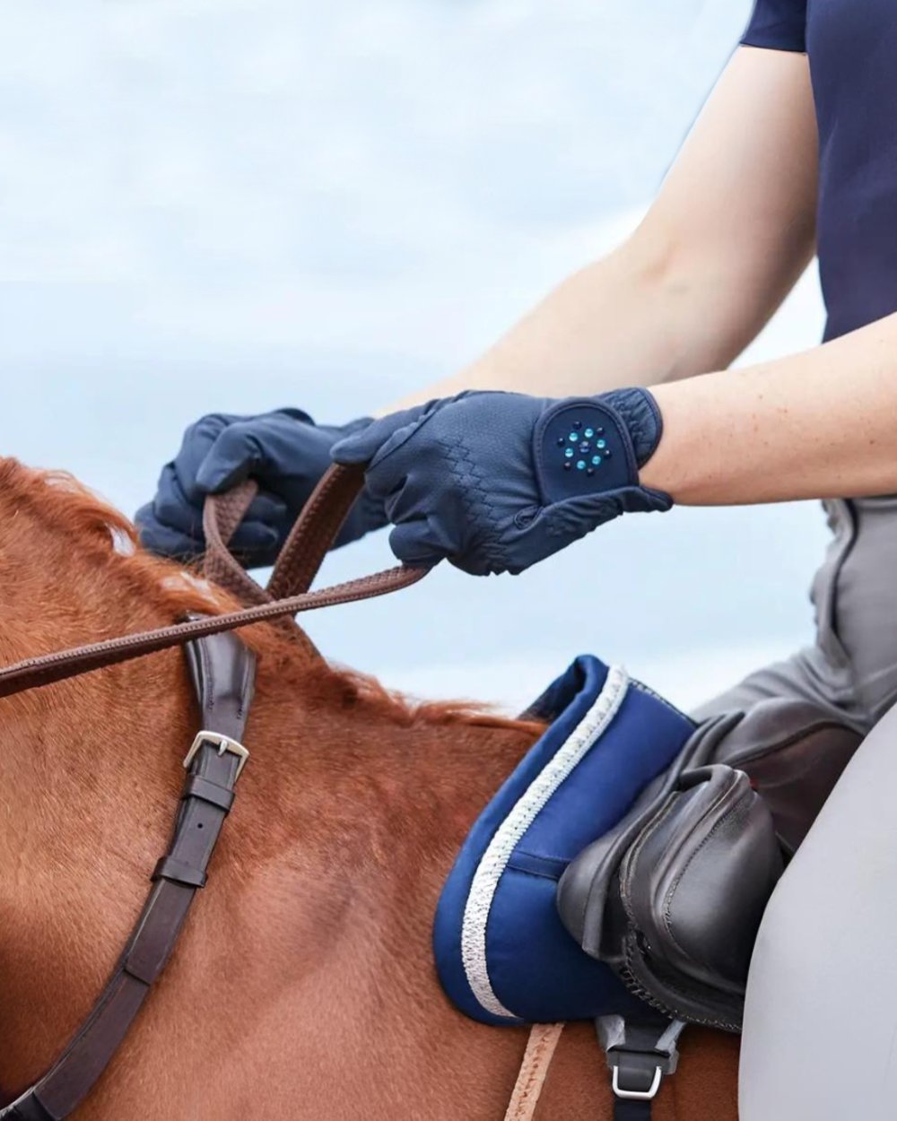 Navy Coloured Dublin Everyday Bling Riding Gloves on outdoor background