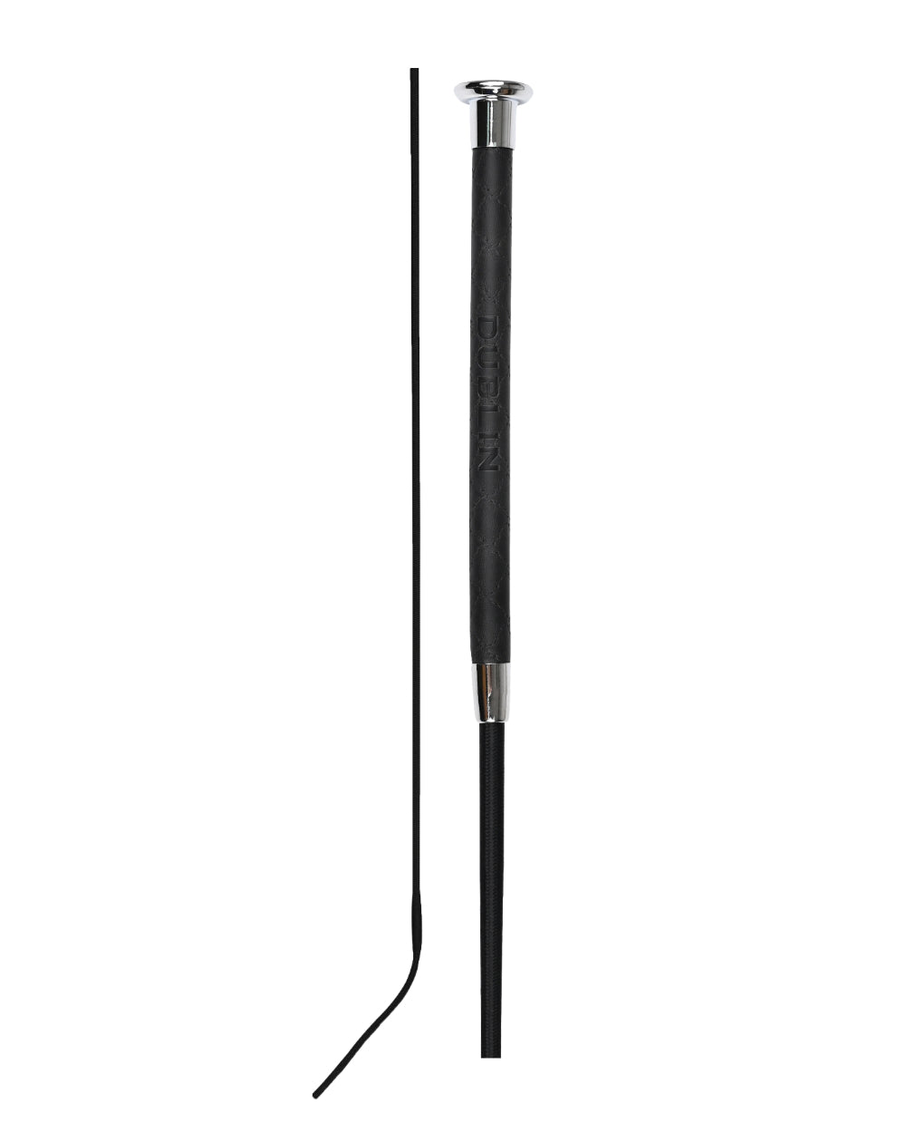 Black Coloured Dublin Fancy Stitch Leather Dressage Whip on white background
