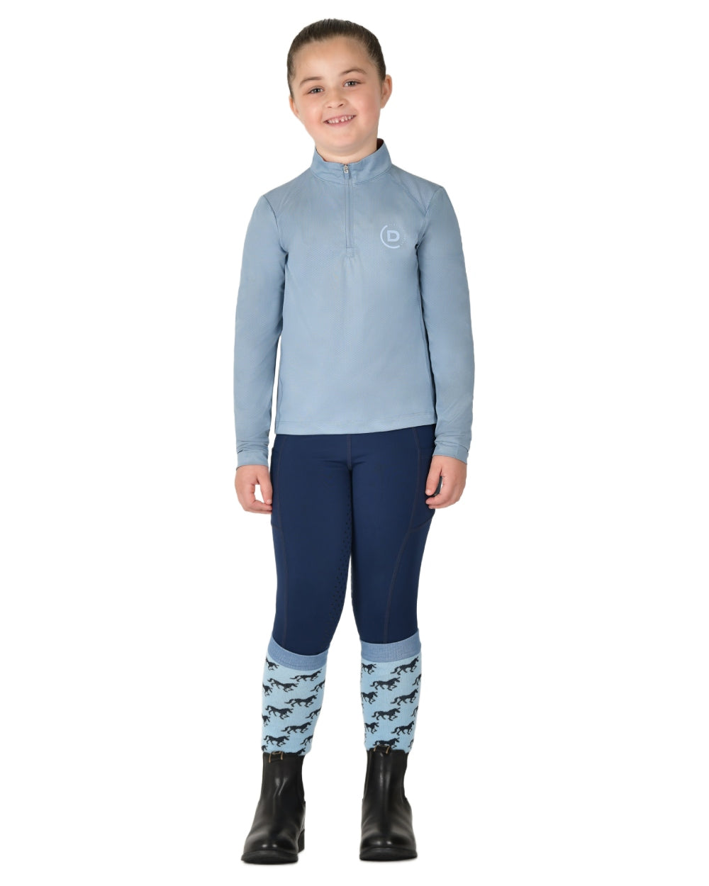 Blue Fog coloured Dublin Kids Breathable Long Sleeve Riding Top on white background
