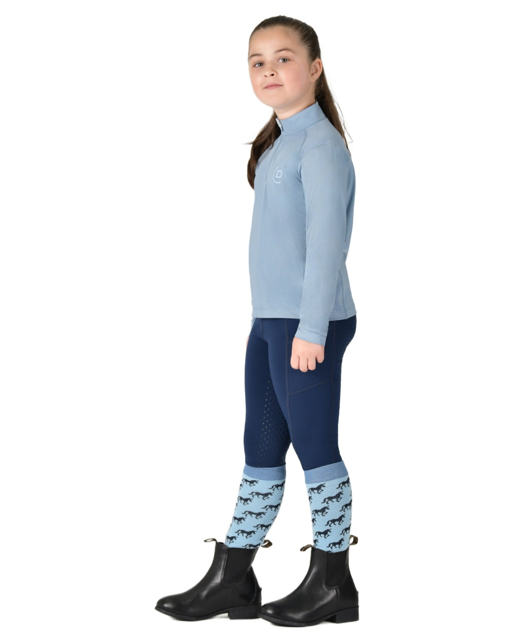 Blue Fog coloured Dublin Kids Breathable Long Sleeve Riding Top on white background