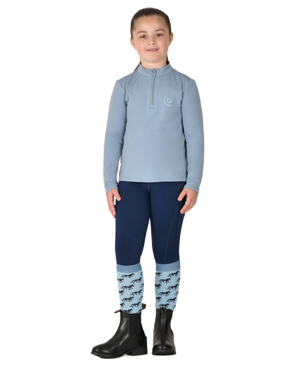 Blue Fog coloured Dublin Kids Brushed Long Sleeve Riding Top on white background