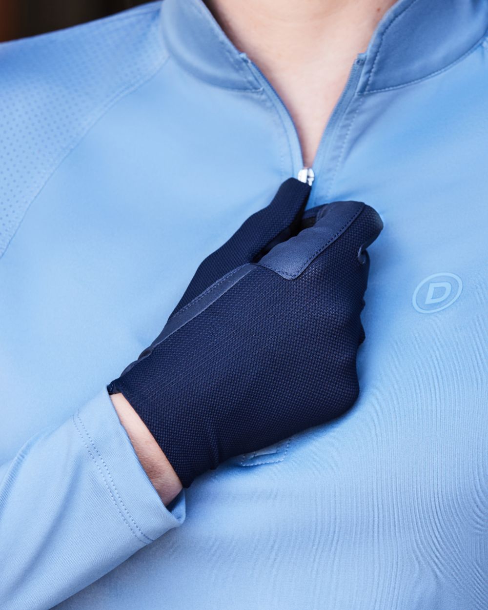 Navy Coloured Dublin Pull On Cool Mesh Riding Gloves on outdoor background