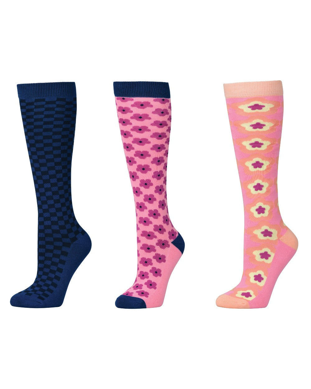 Navy Geo Floral Coloured Dublin Three Pack Socks on white background
